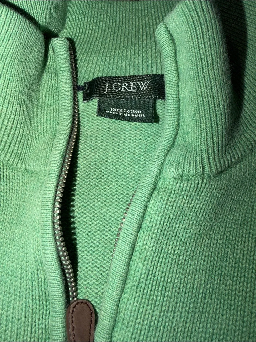 J.Crew Mint Green Quarter Zip Cotton Sweater Leather Pull